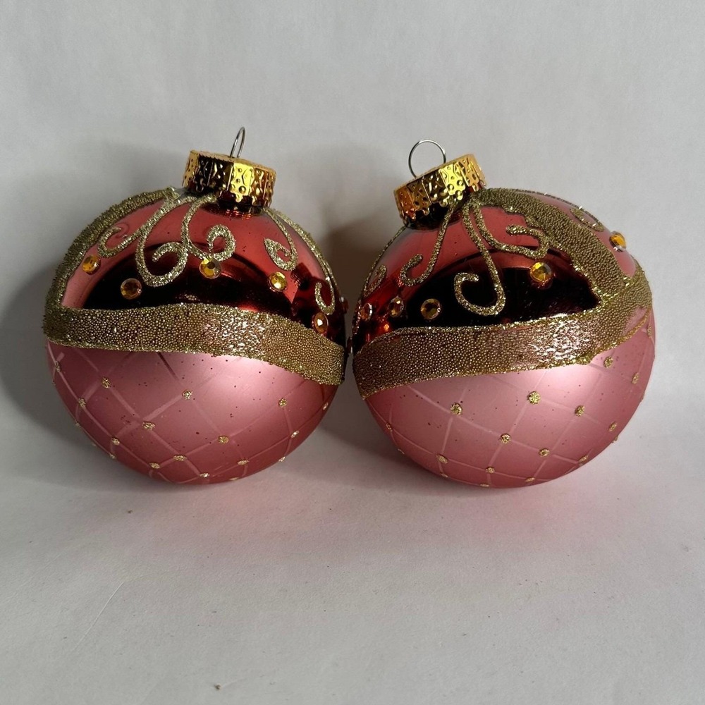 Set Of 2 G&D Gold Glitter Pink Christmas Hanging Decor Holiday Ball Ornaments